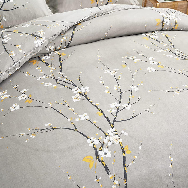 Lanqinglv Bettdecke 200x220cm Ganzjahresdecke 4 Jahreszeiten,Grau Weiss Blätter Blumenmuster Steppde