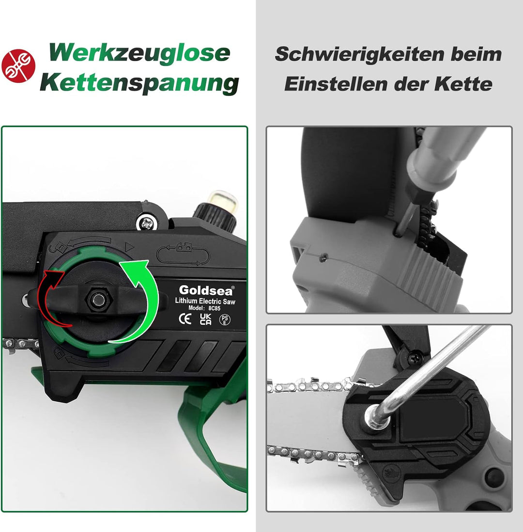 Goldsea Akku Kettensäge, 8 Zoll Mini Kettensäge mit Akku Öltank Max 21V 4.0Ah, Bürstenloser Motor, W