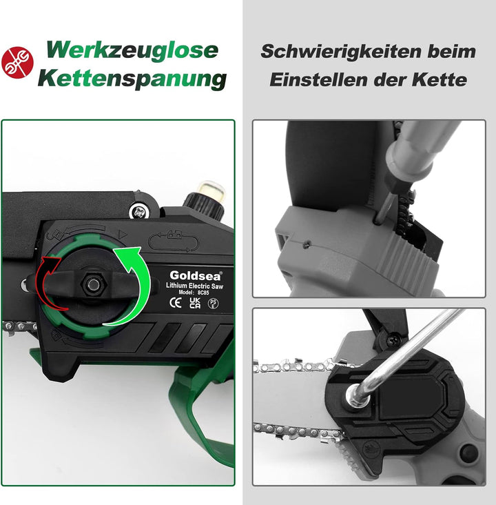 Goldsea Akku Kettensäge, 8 Zoll Mini Kettensäge mit Akku Öltank Max 21V 4.0Ah, Bürstenloser Motor, W