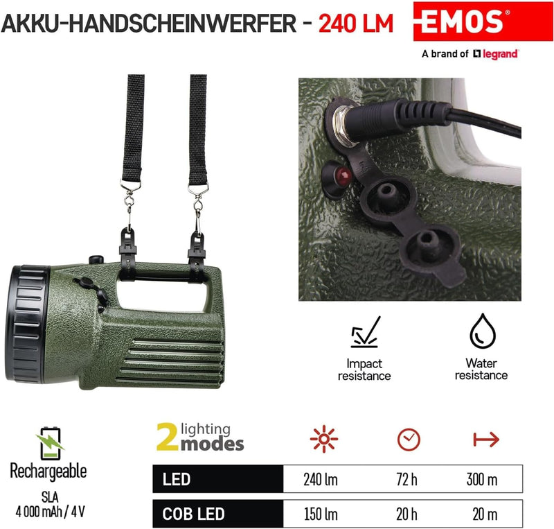 EMOS LED Akku-Handscheinwerfer für Aussen mit Tragegurt, superhell 240lm, 300m Leuchtweite, 72 St. L