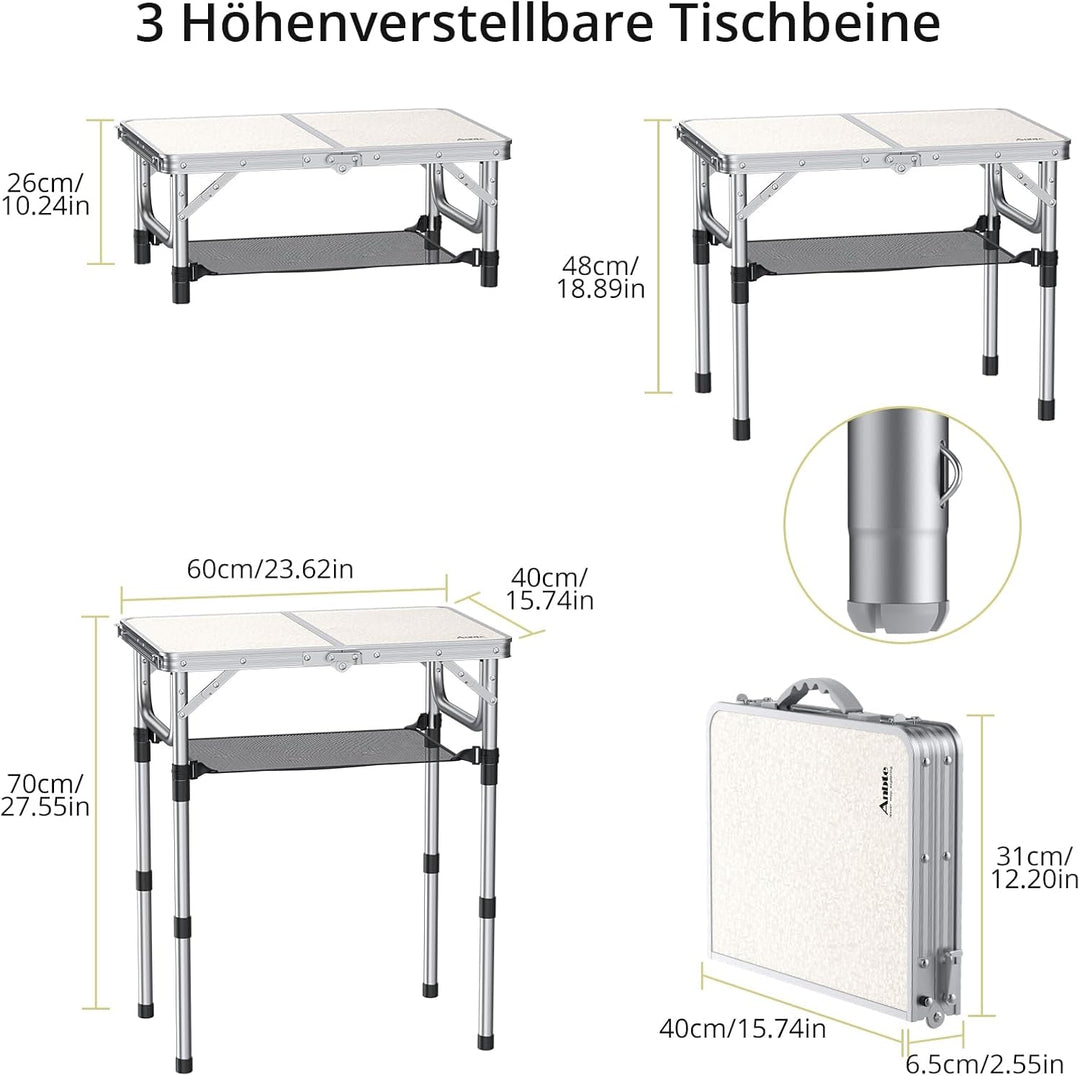 Anbte Campingtisch Klapptisch aus Aluminium mit 3 Verstellbare Höhe Tragbar Koffertisch mit Aufbewah
