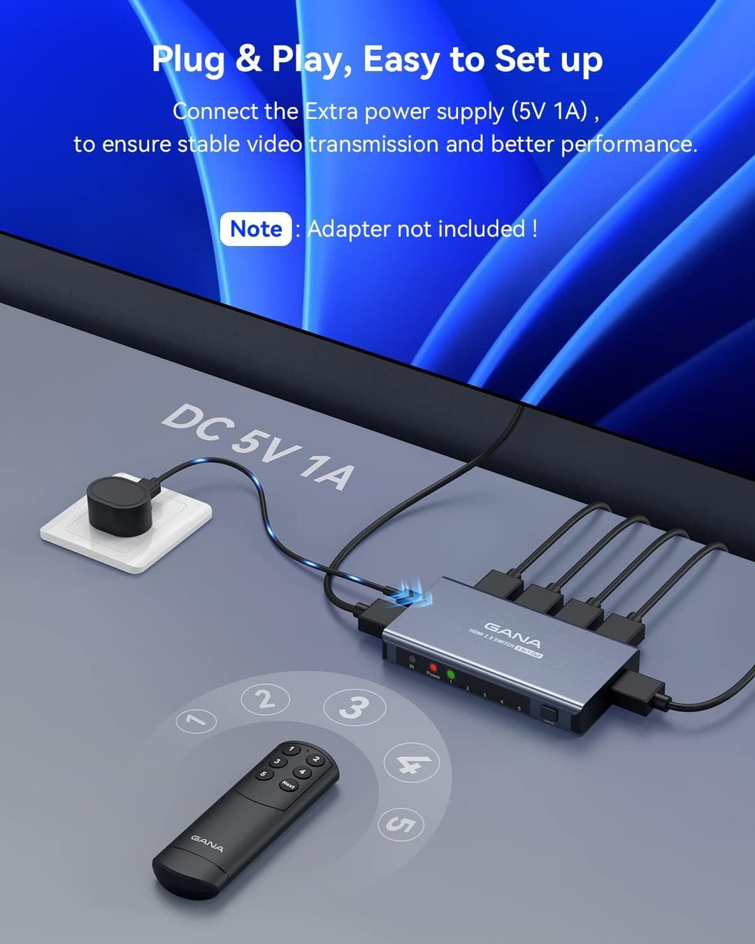 GANA HDMI Splitter HDMI Switch (5 IN 1-1, Braun) 5 in 1 Ash, 5 in 1 Ash