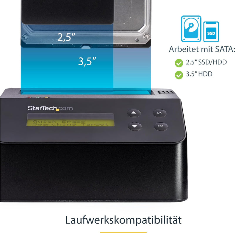 StarTech.com 1-Bay Festplatten Löscher, Selbständiges HDD/SSD Löschgerät, USB 3.0 auf SATA II (3 Gbi