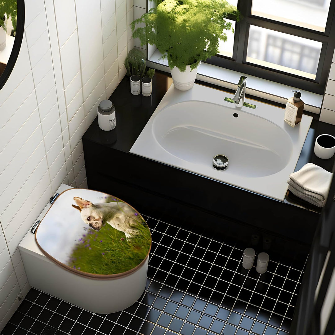 banjado® Design WC Sitz Bambus Absenkautomatik mit Motiv Franz. Bulldogge/Toilettendeckel mit Absenk