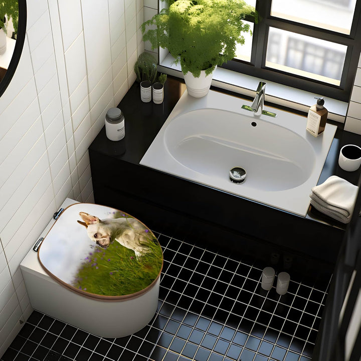 banjado® Design WC Sitz Bambus Absenkautomatik mit Motiv Franz. Bulldogge/Toilettendeckel mit Absenk