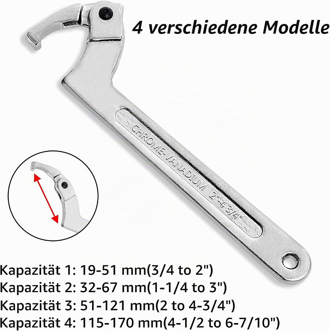 Poweka C Verstellbar Hakenschlüssel 4 Stück Schraubenschlüssel Enthält 3/4-2", 1 1/4-3", 2-4 3/4", 4