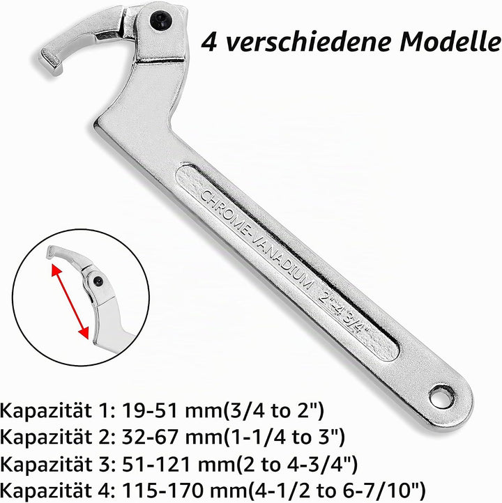 Poweka C Verstellbar Hakenschlüssel 4 Stück Schraubenschlüssel Enthält 3/4-2", 1 1/4-3", 2-4 3/4", 4