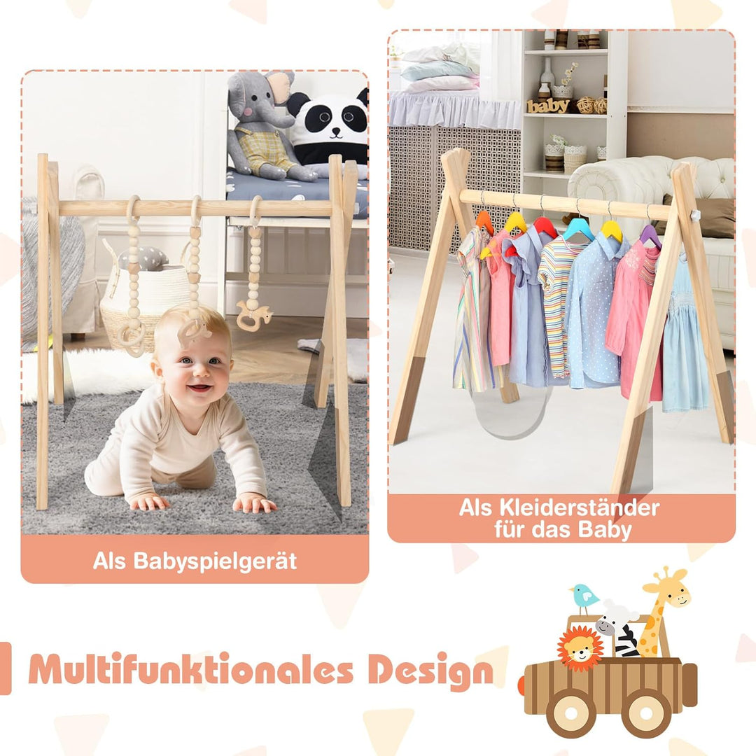 COSTWAY Baby Spielbogen Holz, Spieltrapez klappbar, Baby Gym mit 3 abnehmbaren Kinderspielzeugen, Sp