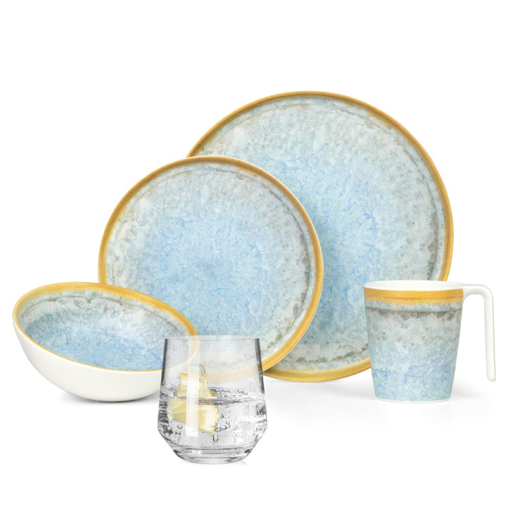 Melamin Camping Geschirr Set 4 Personen Crystal Blue + 4 Milano Gläser Wassergläser Tafelgeschirr Pi