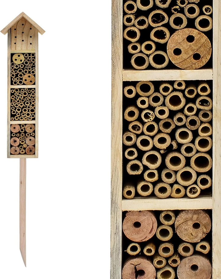 Holz Insektenhotel mit Erdspiess - H 78 cm - Insektenhaus naturbelassen zum Aufstellen - Bienenhotel