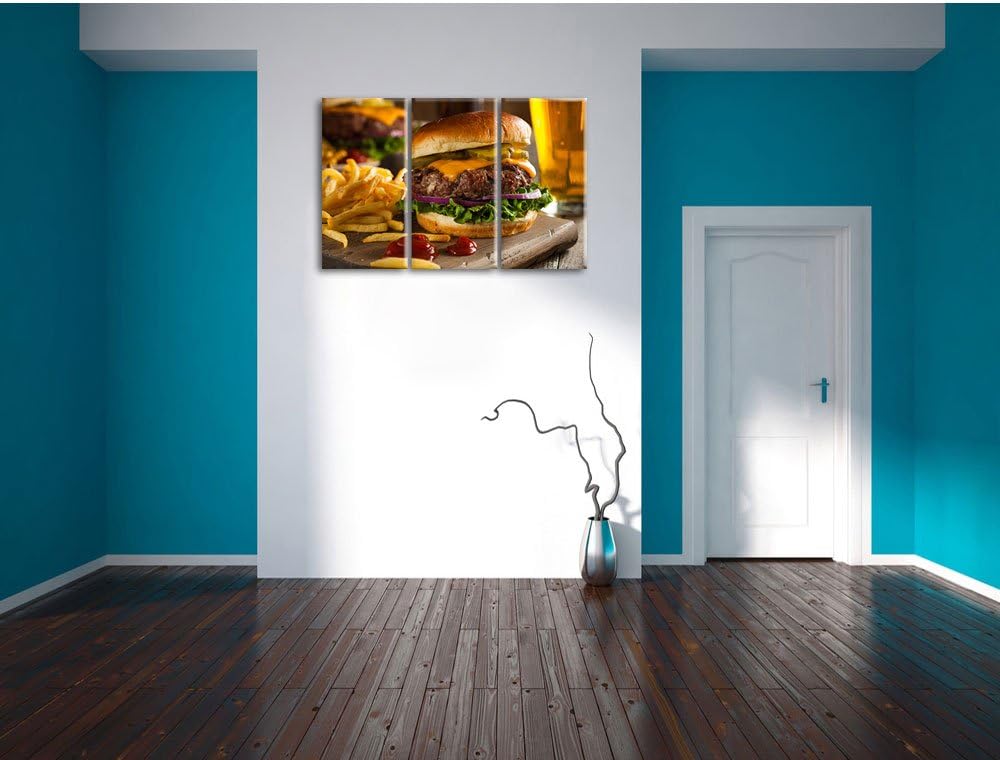 Pixxprint Saftiger Chili Cheese Burger 3-Teiler Leinwandbild 120x80 Bild auf Leinwand