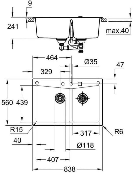 Grohe 31657AP0 K700 Kompositspüle, granit schwarz 83,8 x 55,9 cm, Kompositspüle 2 Becken