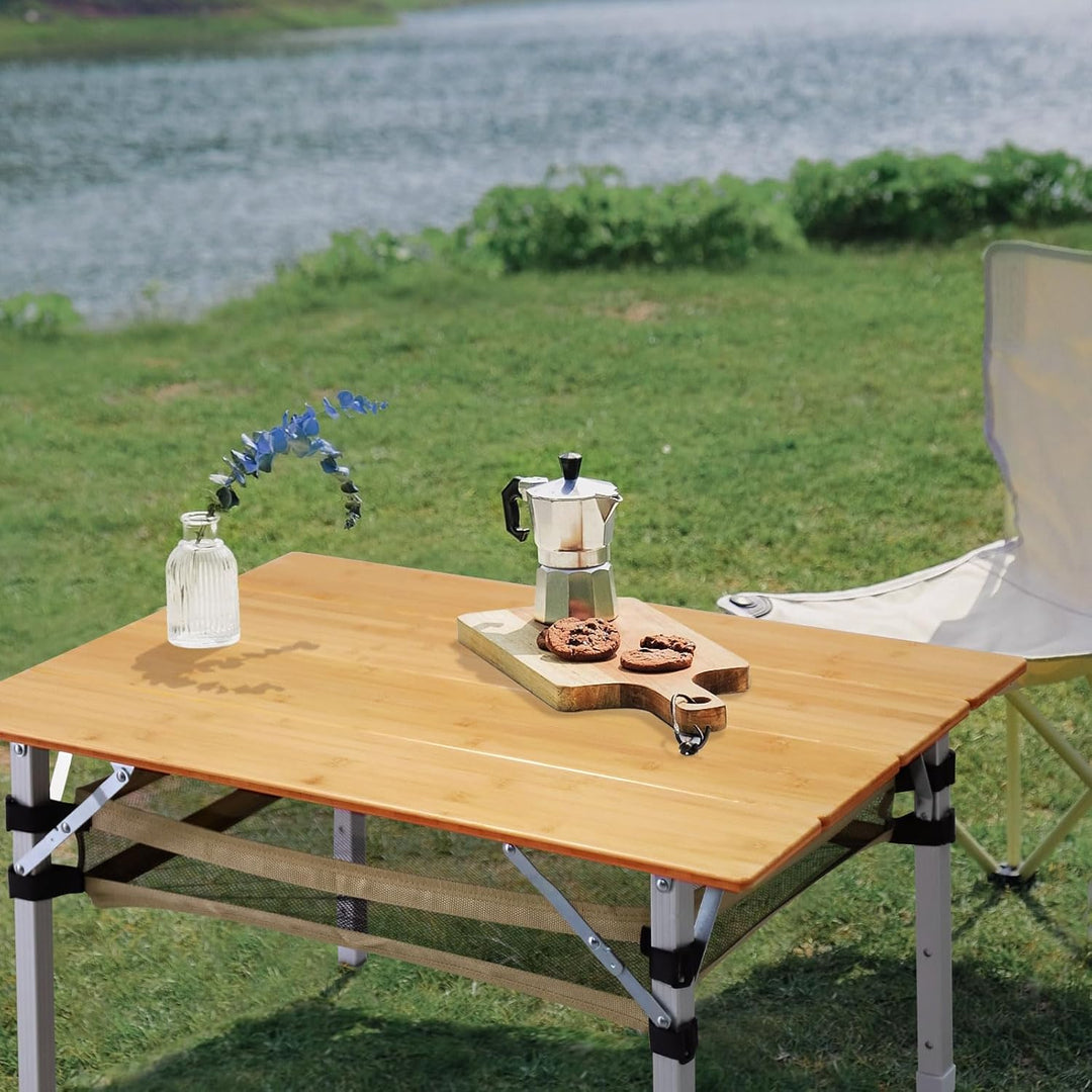 WKFAMOUT Klapptisch Campingtisch Bambus Klappbar Höhenverstellbar 80x55 cm Outdoor Gartentisch 4 Fal