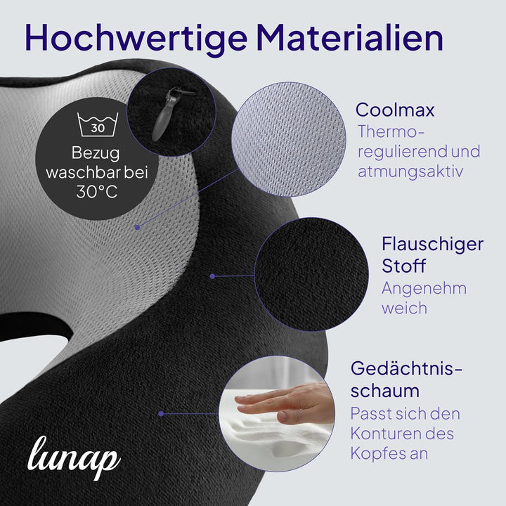 lunap Nackenkissen Flugzeug | Reisekissen Memory Foam atmungsaktiv + waschbar | Nackenhörnchen | Rei