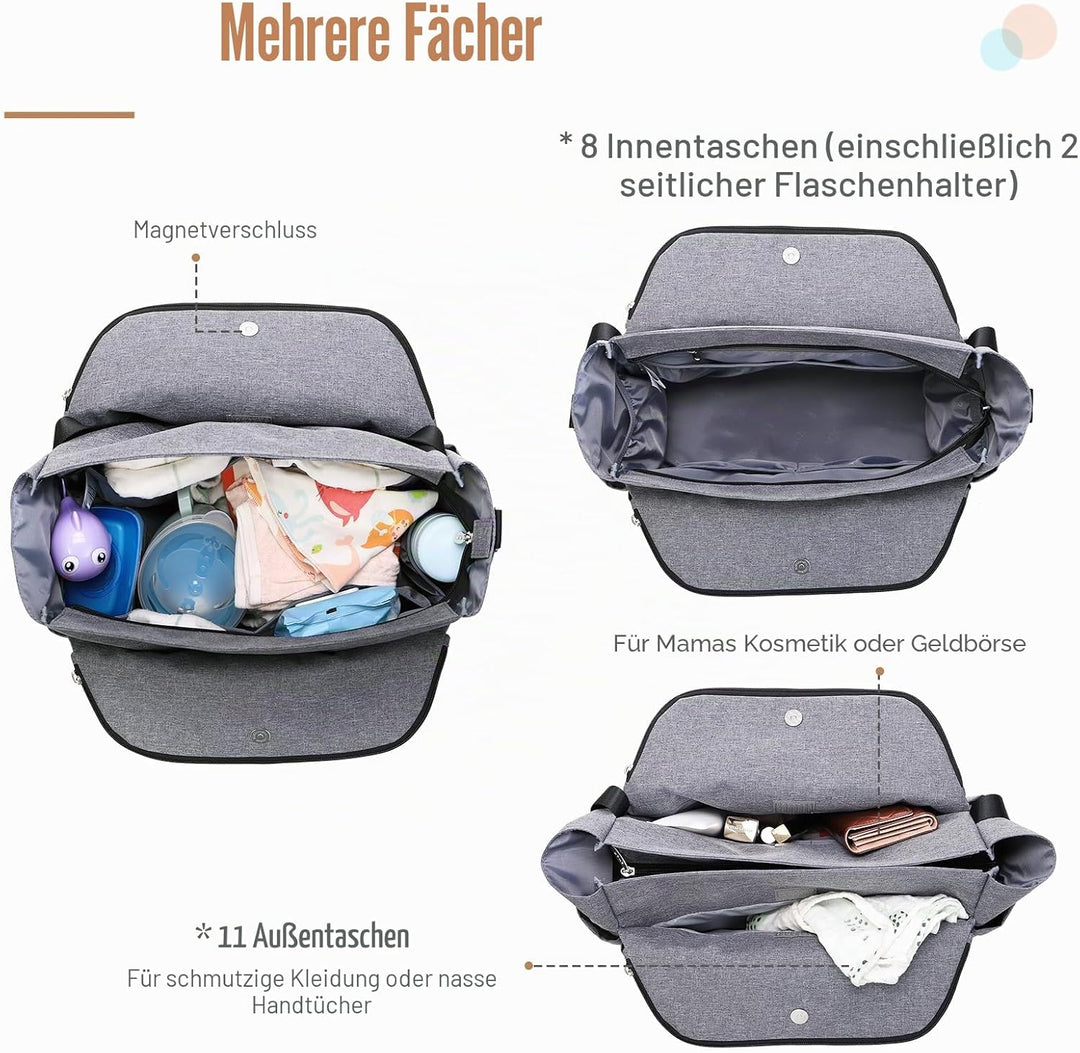 Lekebaby Baby Wickeltasche Bote gross mit Wickelunterlage für Reise, Grau, Grau