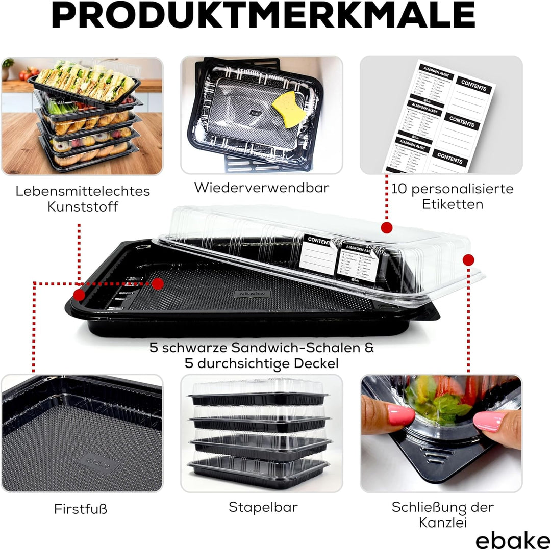 ebake Mehrweg Servierplatte mit Deckel (5 Stk. à 33 x 24 cm) - Meal Prep Boxen/Buffet Platten für Pa