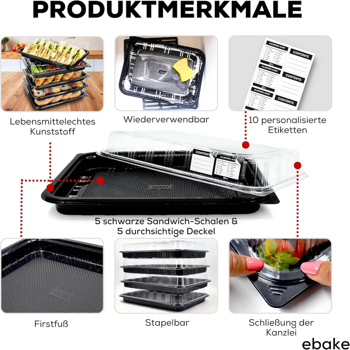 ebake Mehrweg Servierplatte mit Deckel (5 Stk. à 33 x 24 cm) - Meal Prep Boxen/Buffet Platten für Pa