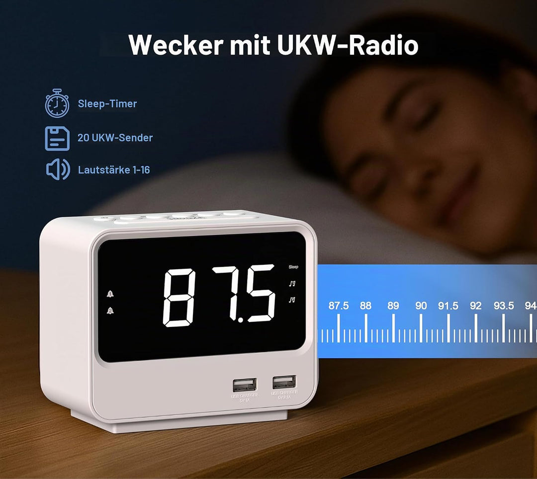iTOMA Radioweckerfür Schlafzimmer mit Zwei USB-Ladeanschlüssen, grossen Zahlen mit Einstellbarer Hel
