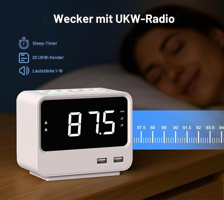 iTOMA Radioweckerfür Schlafzimmer mit Zwei USB-Ladeanschlüssen, grossen Zahlen mit Einstellbarer Hel