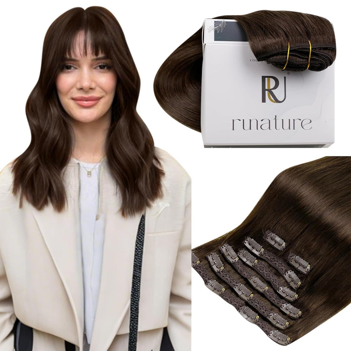 RUNATURE Clip in Extensions Echthaar Mittelbraun Remy Extensions Clips in Echthaar Doppelt Tressen E
