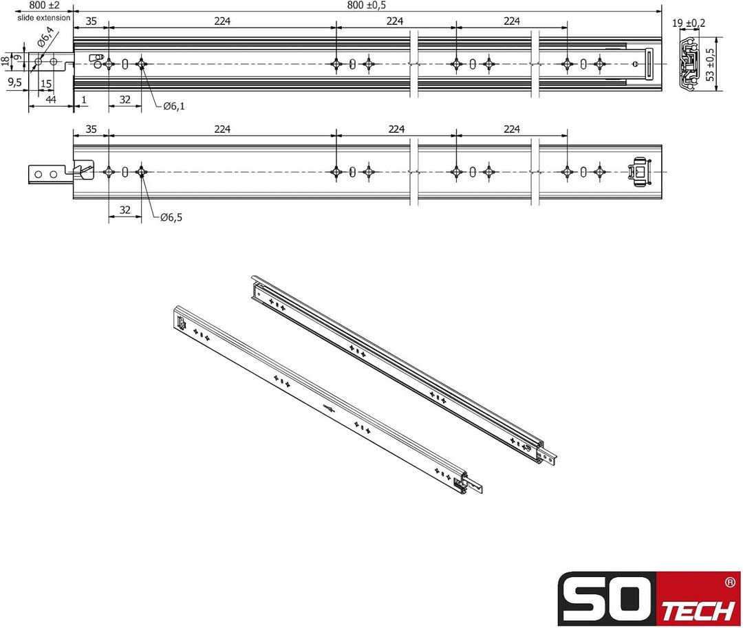1 Paar SOTECH Schwerlastauszüge VarioSlide KV2-100-H53-L800-EH 800 mm mit Lock-in/out Einrastfunktio