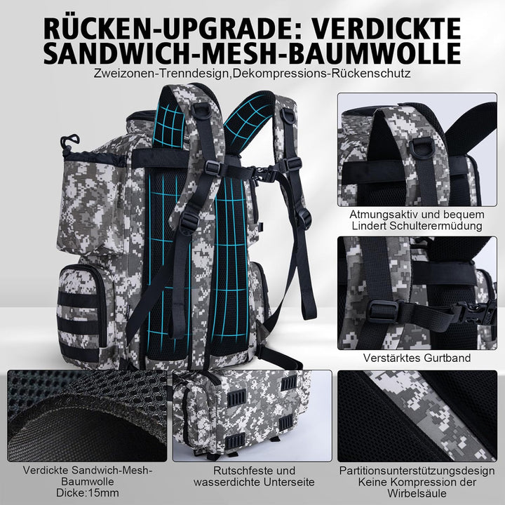 Goture Angelrucksack mit 4 Köderbox Angeln, 45-Liter Angelzubehör-Rucksack mit Zwei Rutenhaltern und