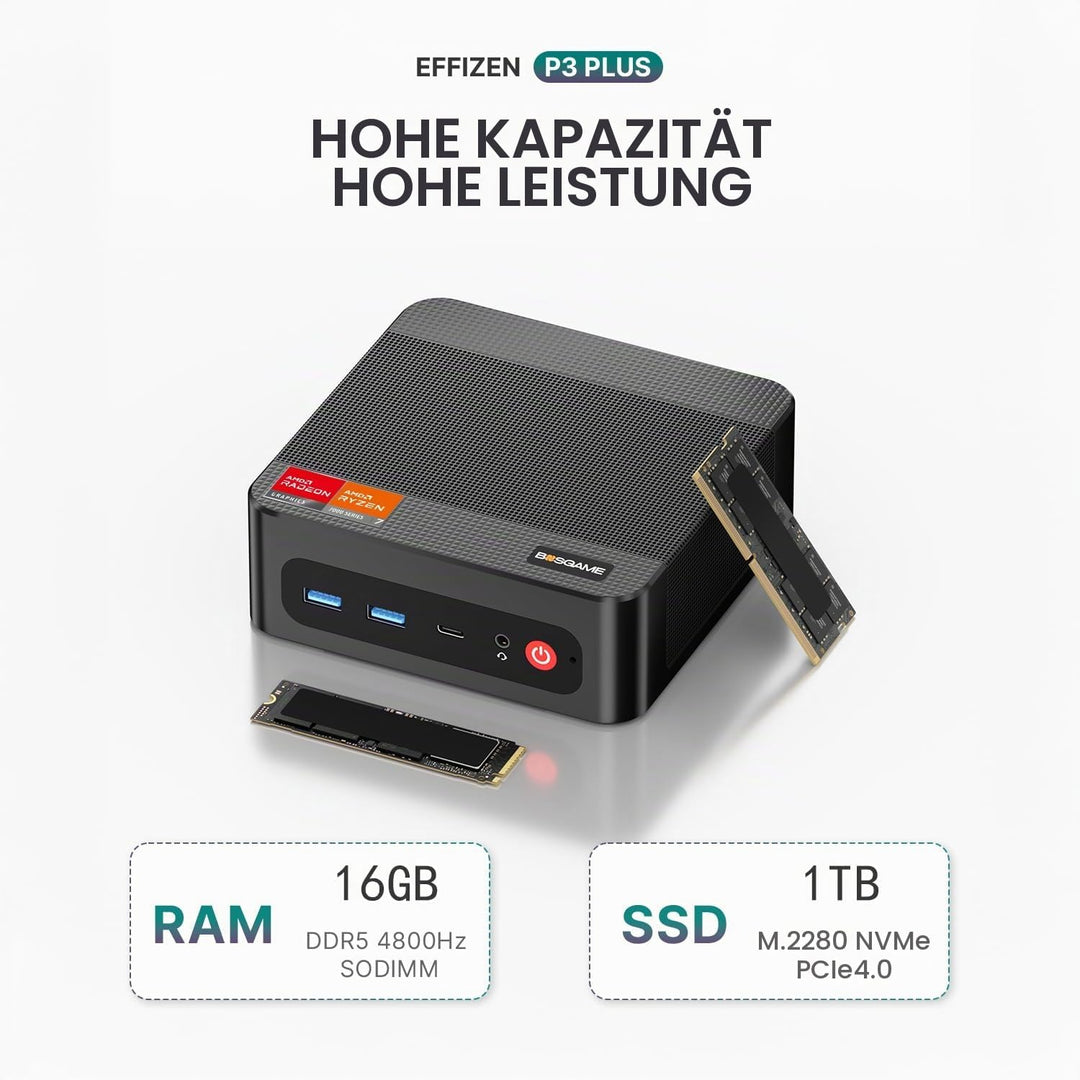 BOSGAME P3 Plus Gaming Mini PC, AMD Ryzen 7 7840HS (8C/16T, up to 5.1GHz), 16GB DDR5 RAM 1TB PCIe 4.