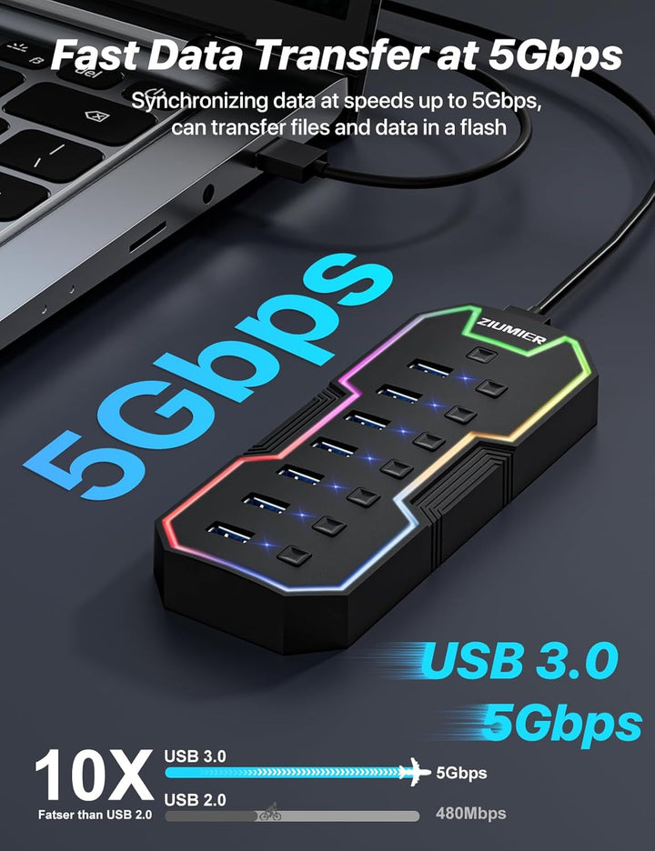 ZIUMIER USB 3.0-Hub, 7-Port-USB-Expander mit RGB-LED-Streifen für MacBook, Mac Pro, Mac mini, iMac,