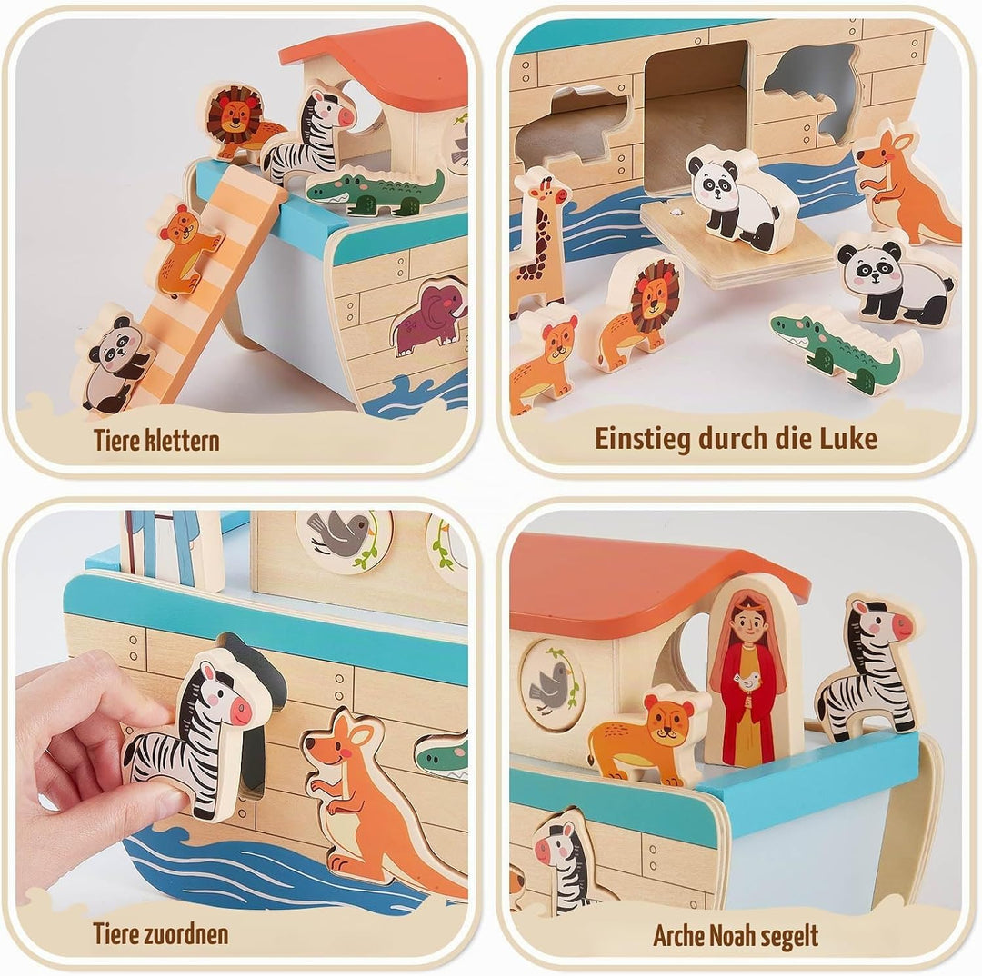 HERSITY Arche Noah aus Holz, Holzspielzeug Kinder Taufgeschenke für Mädchen Jungen 12 Monate, Holz S