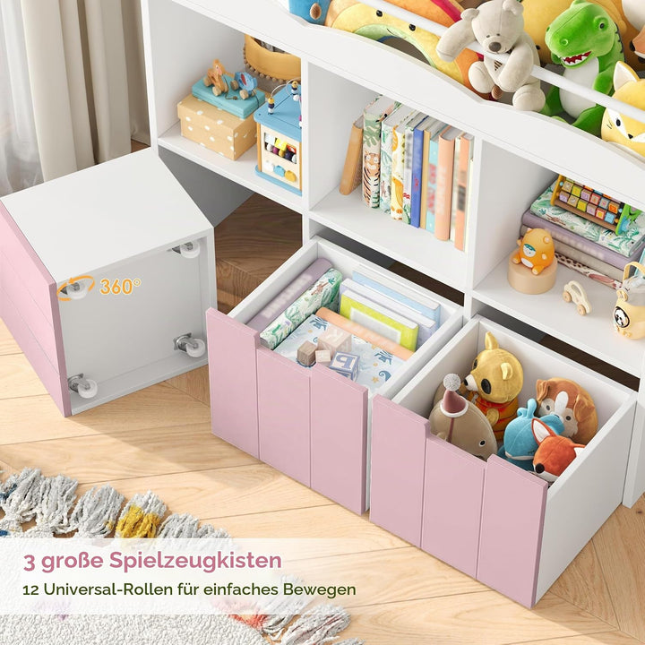 HOCSOK 110cm Kinderregal mit Boxen auf Rollen, Kinderbücherregal mit 4 Ablagefächern, Spielzeugregal