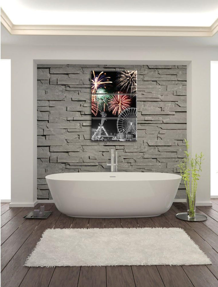 Pixxprint Silvester Feuerwerk schwarz/weiss als Leinwandbild/Grösse: 3 Teilig (120x80) cm/Wandbild/K