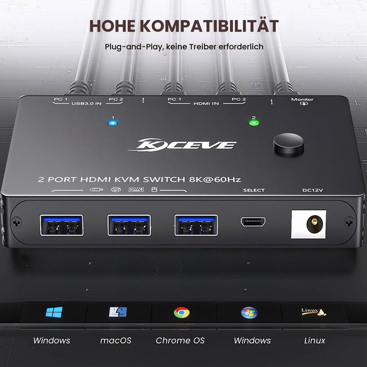 KVM Switch HDMI 8K@60Hz 4K@120Hz, KVM Switch 2 PC 1 Monitor HDMI2.1 with 3 USB3.0 Devices, HDR 10, H