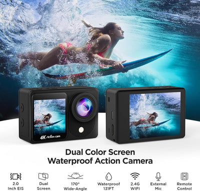 TIMNUT 4K Action Cam Touchscreen - Dual Screen 40M Unterwasserkamera 170°Weitwinkel Helmkamera 20MP
