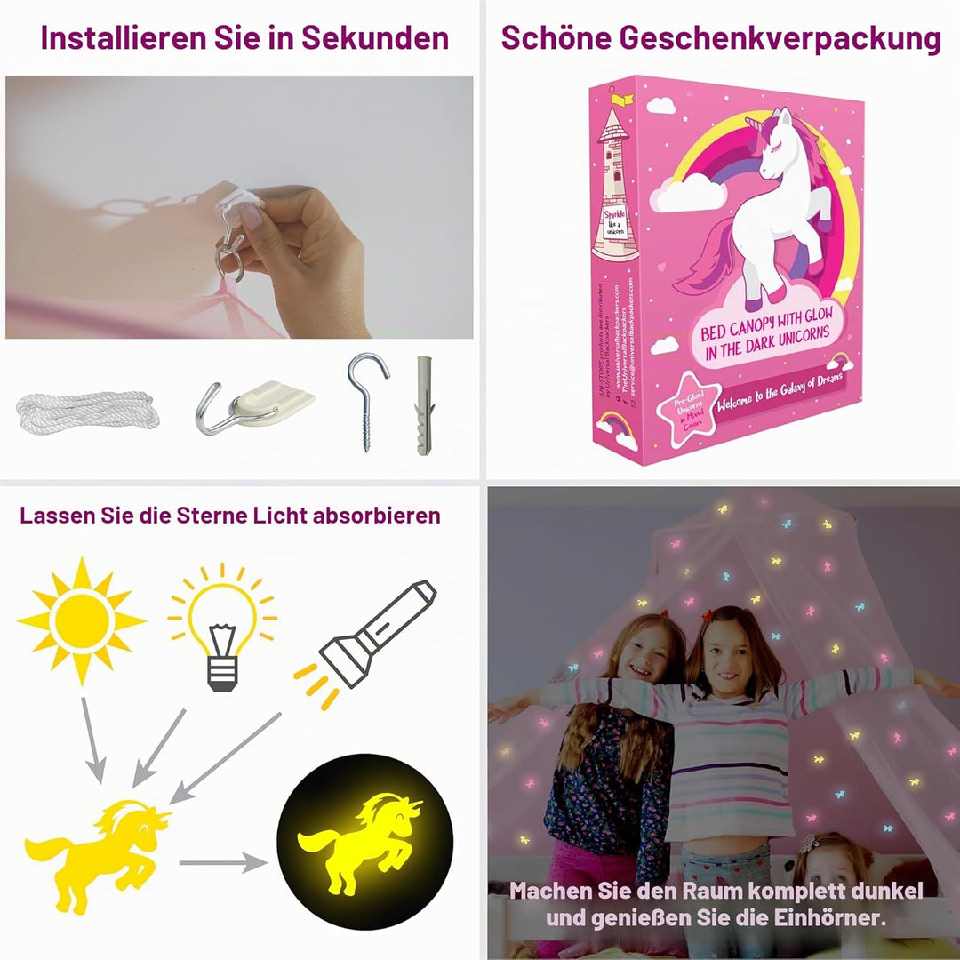Rosa Betthimmel mit vorgeklebten leuchtenden Einhörner - Prinzessinen Moskitonetz für Mädchen Zimmer