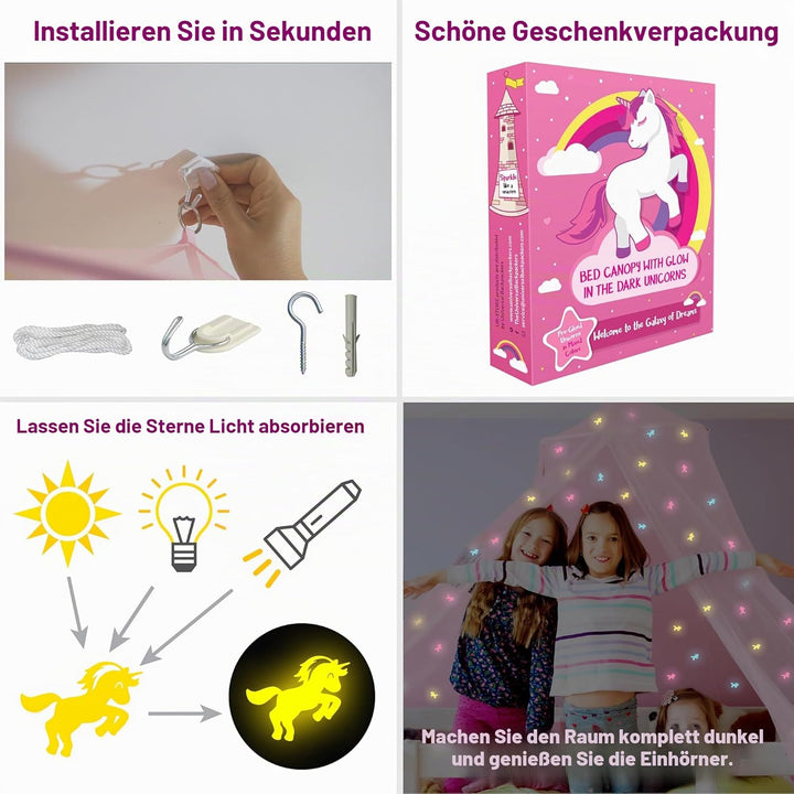 Rosa Betthimmel mit vorgeklebten leuchtenden Einhörner - Prinzessinen Moskitonetz für Mädchen Zimmer
