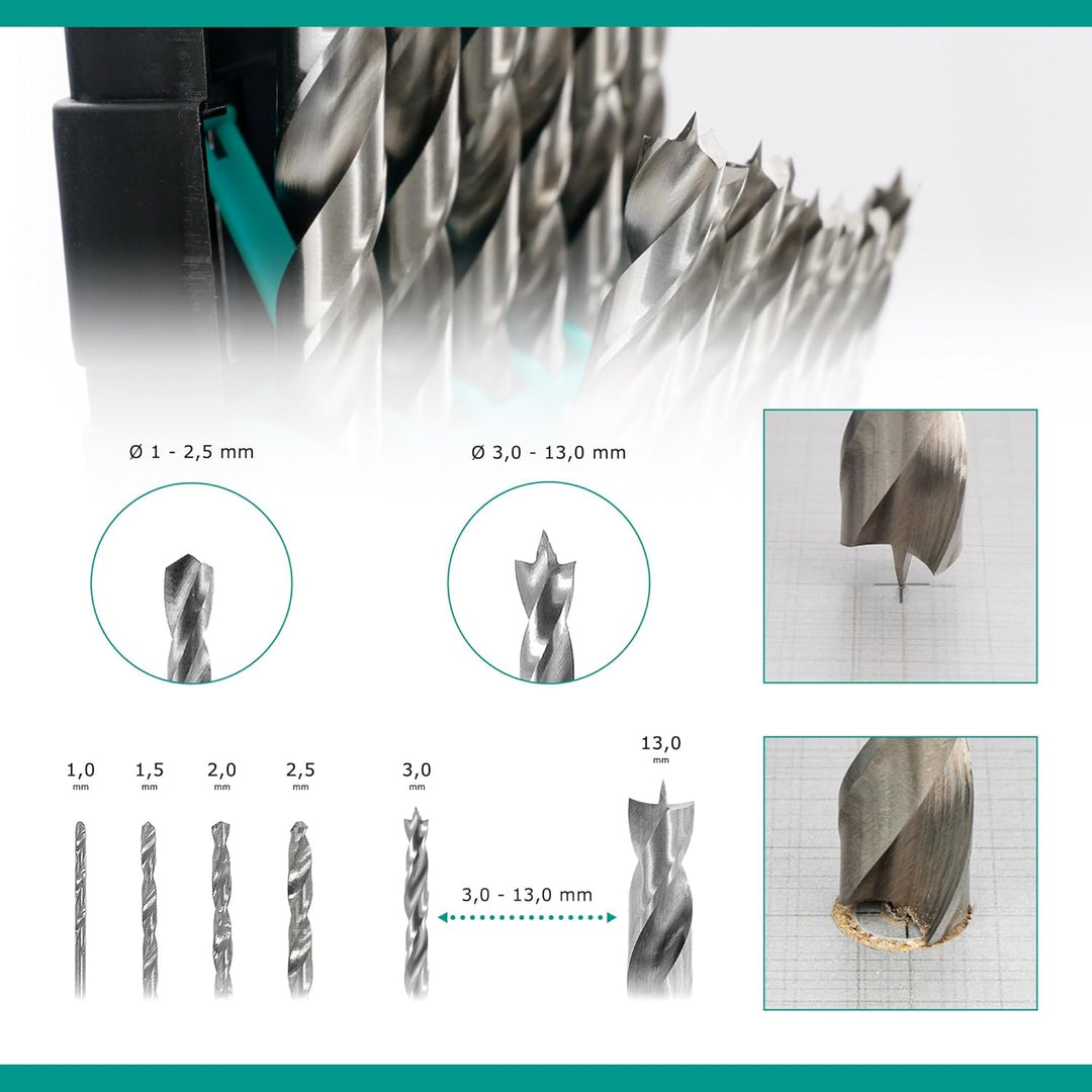 ENT 09225 25-tlg. HSS-G Holzbohrer-Set - 1-13 mm - in 0,5mm Schritten