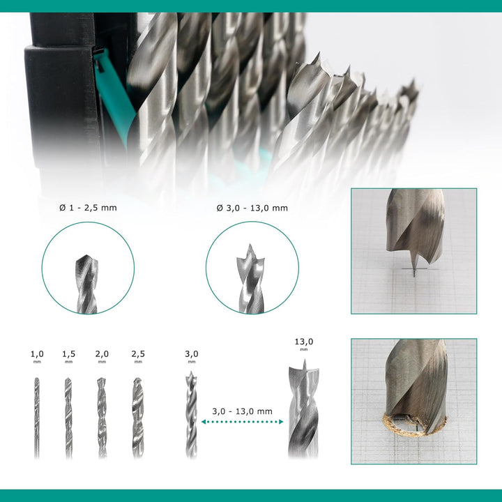 ENT 09225 25-tlg. HSS-G Holzbohrer-Set - 1-13 mm - in 0,5mm Schritten