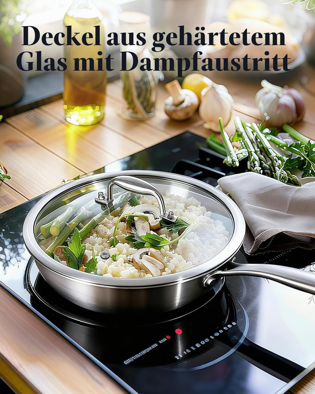 Inqibee Wokpfanne Edelstahl 30 cm mit Deckel, Unbeschichtete Wok Pfanne für Induktion &amp; Gasherd, Ede