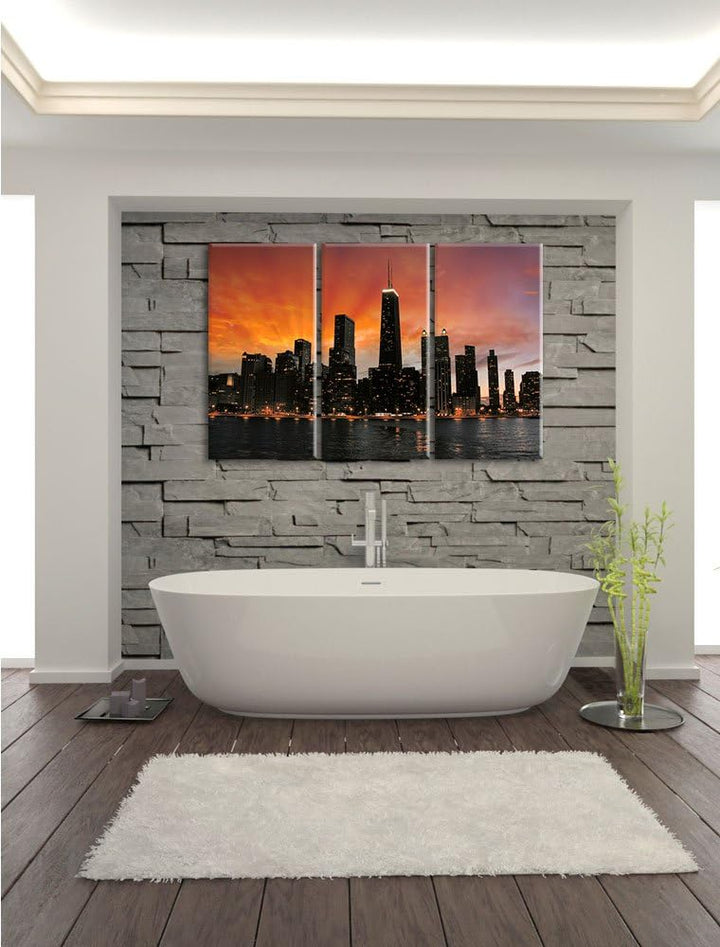 Pixxprint Chicago-Wolkenkratzer-Silhouette als Leinwandbild/Grösse: 3 Teilig (120x80) / Wandbild/Kun