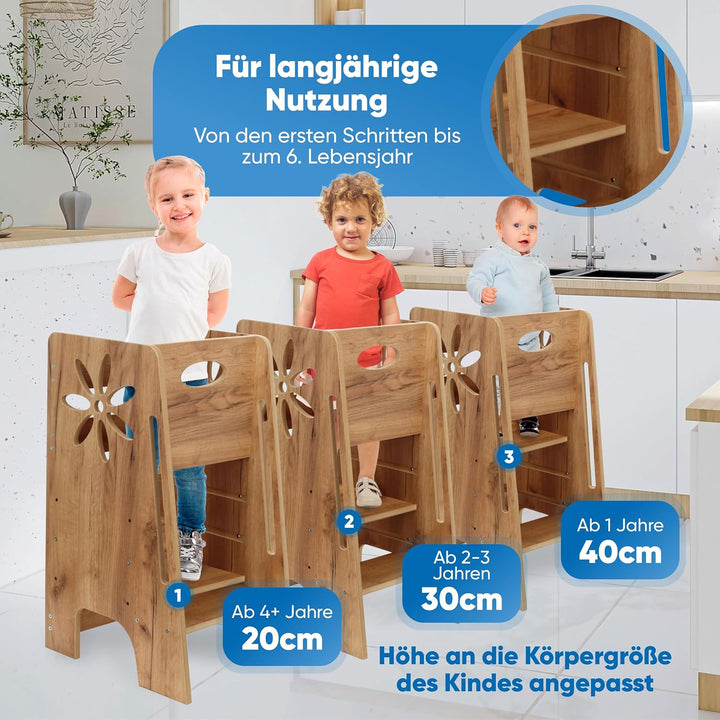 Kitchen Kids Helper Lernturm ab 1 Jahr - Höhenverstellbarer Lernturm Montessori Eiche 80cm - Sichere