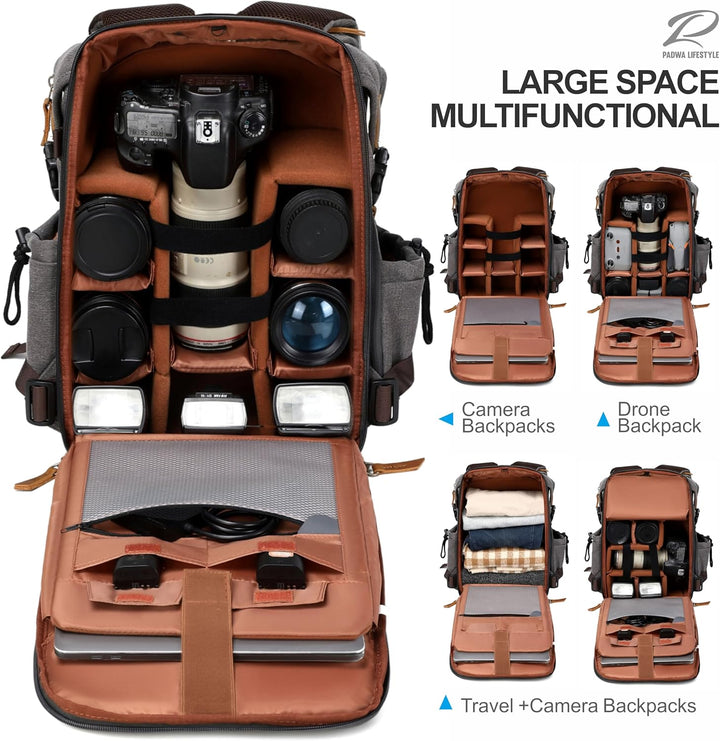 Padwa Lifestyle Kamerarucksack - Gewachstem Memory Canvas mit 16“ Laptop-/Objektivfach und Stativfac