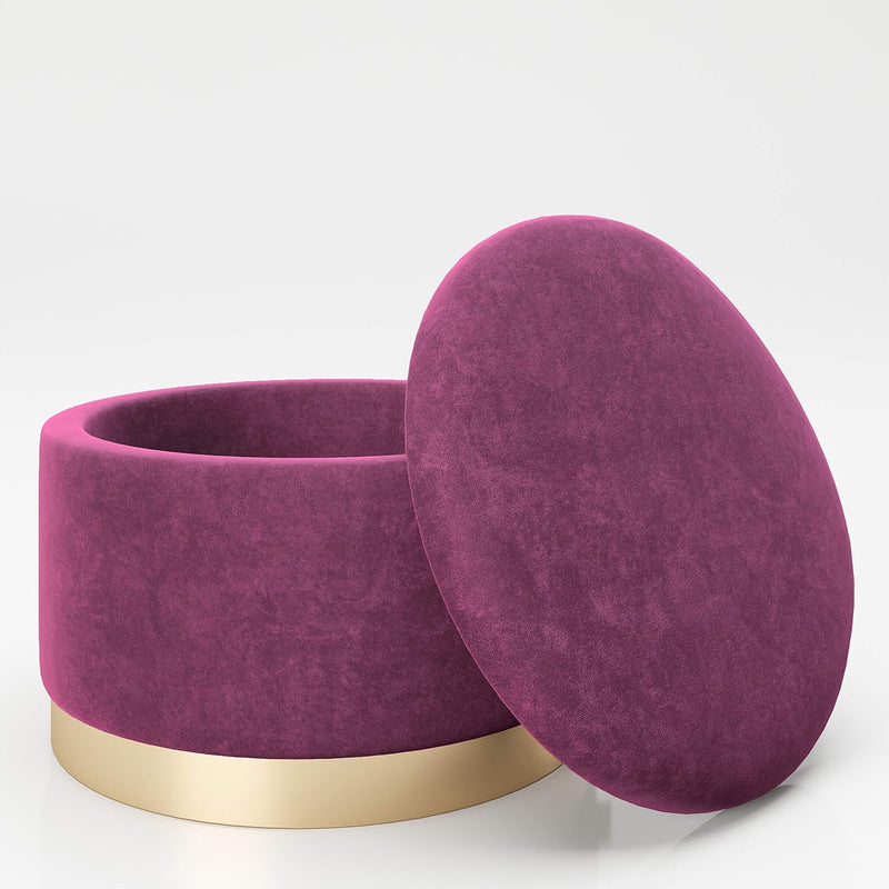 PLAYBOY runder Pouf mit Stauraum aus Samtstoff in Lila und goldenem Metallfuss, gepolsteter Sitzhock