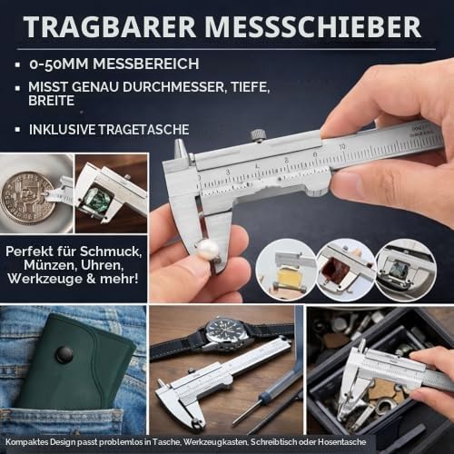 Messschieber, Tragbar, 0–50 Mm, Edelstahl, Hohe Genauigkeit, Kleines Tragbares Messwerkzeug für Heim