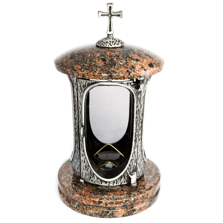 Stilvolle Grablaterne Anthrazit mit Kreuz Granit Aurora India Höhe 27 cm/Ø 15 cm Grableuchte Grablic