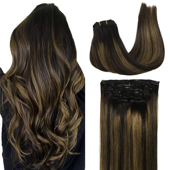GOO GOO Echthaar Extensions Clip, 35cm 14 Zoll 120g 7 Stück Balayage Naturschwarz Gemischt Kastanien