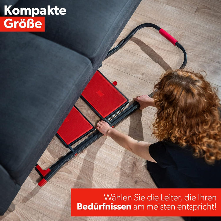KADAX Klappbare Stahlleiter, schwarz-rote Trittleiter mit Traglast bis 150kg, Leiter mit Klappsicher