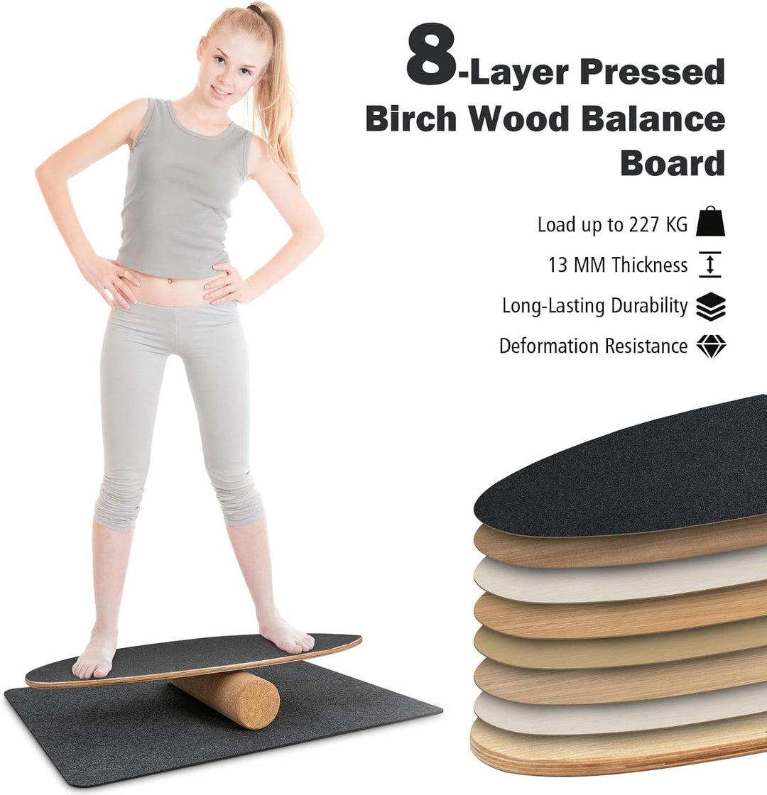 KOMFOTTEU Balance Board Holz, Balancebrett mit Korkrolle & rutschfester Filzmatte, Gleichgewichtsboa