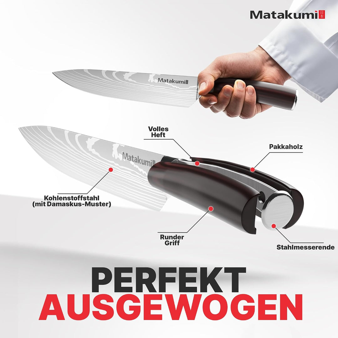 Matakumi Kochmesser mit 20 cm Klingenlänge, Extra Scharfe Chefmesser mit Ergonomischem Pakkaholz-Gri