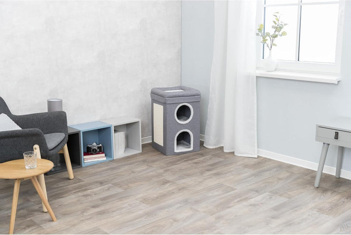 TRIXIE Saul Katzenhaushöhle | 2-stöckiger Hüttenturm | Kratzfläche | faltbar für einfache Lagerung |