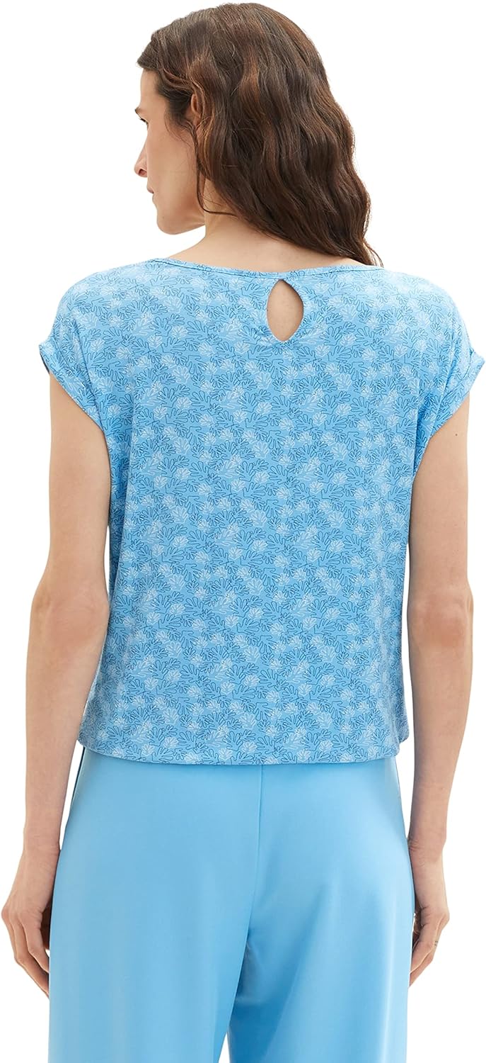 TOM TAILOR Damen T-Shirt mit Muster L 32819 - Blue Overlayed Leaf Design, L 32819 - Blue Overlayed L